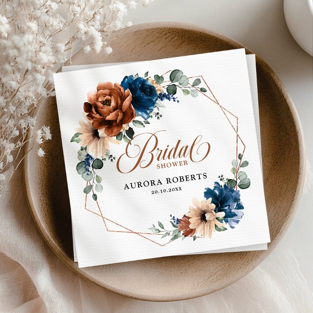 Terracotta Navy Blue Greenery Bridal Shower Napkin (Terracotta Navy Blue Greenery geometric Bridal Shower Napkins)