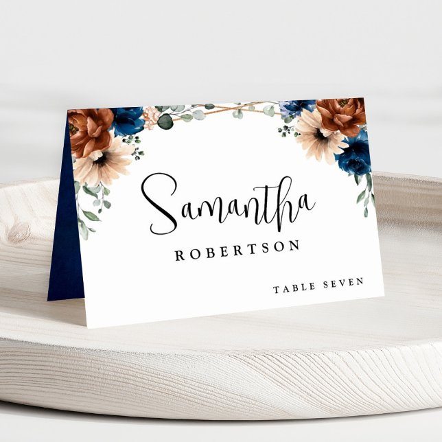 Terracotta Navy Blue Greenery Geometric Guest Name Table Number (Terracotta Navy blue floral geometric guest name wedding place card.)