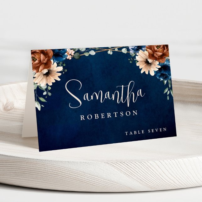 Terracotta Navy Blue Greenery Geometric Guest Name Table Number (Terracotta Navy blue guest name wedding place card)