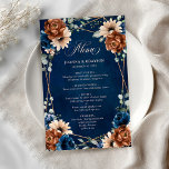 Terracotta Navy Blue Greenery Geometric Menu<br><div class="desc">Elegant Navy blue,  Terracotta ,  Orange earthy floral theme wedding menu featuring elegant bouquet of Navy blue,  Terracotta colour roses peonies  and green eucalyptus leaves. Please contact me for any help in customisation or if you need any other product with this design.</div>