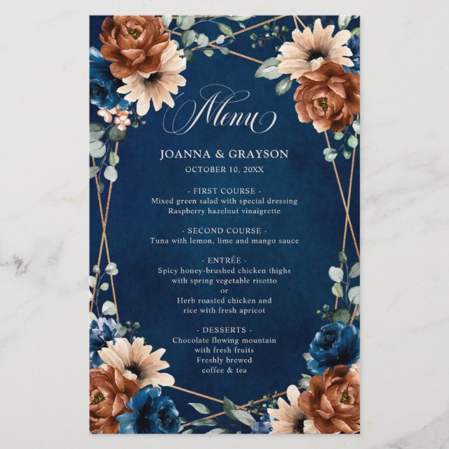 Terracotta Navy Blue Greenery Geometric Menu     (Front)