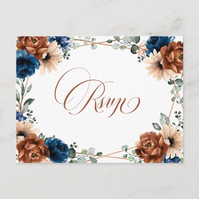 Terracotta Navy Blue Greenery Geometric RSVP Postcard (Front)