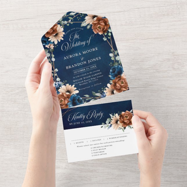 Terracotta Navy Blue Greenery Geometric Wedding Al All In One Invitation (Tearaway)