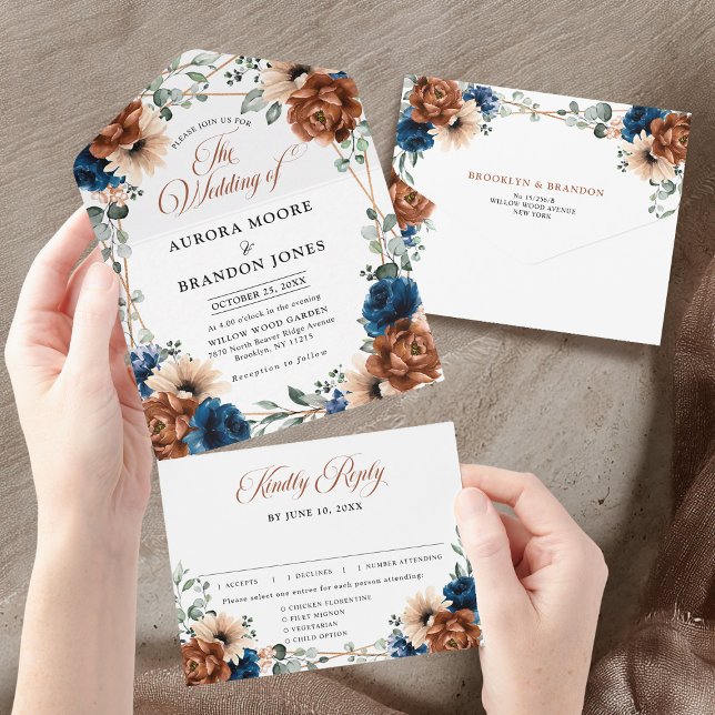 Terracotta Navy Blue Greenery Geometric Wedding Al All In One Invitation (Terracotta Navy Blue Greenery Geometric Wedding  All In One Invitation)