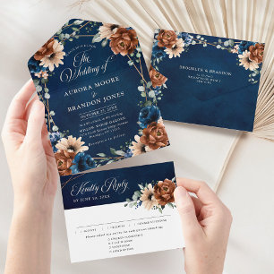 Terracotta Navy Blue Greenery Geometric Wedding Al All In One Invitation