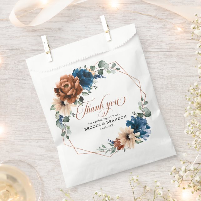 Terracotta Navy Blue Greenery Geometric Wedding Favour Bags (Clipped)