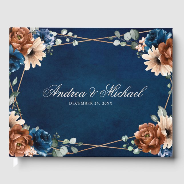Terracotta Navy Blue Greenery Geometric Wedding Guest Book (Front)