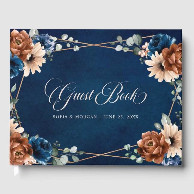 Terracotta Navy Blue Greenery Geometric Wedding Guest Book (Front)