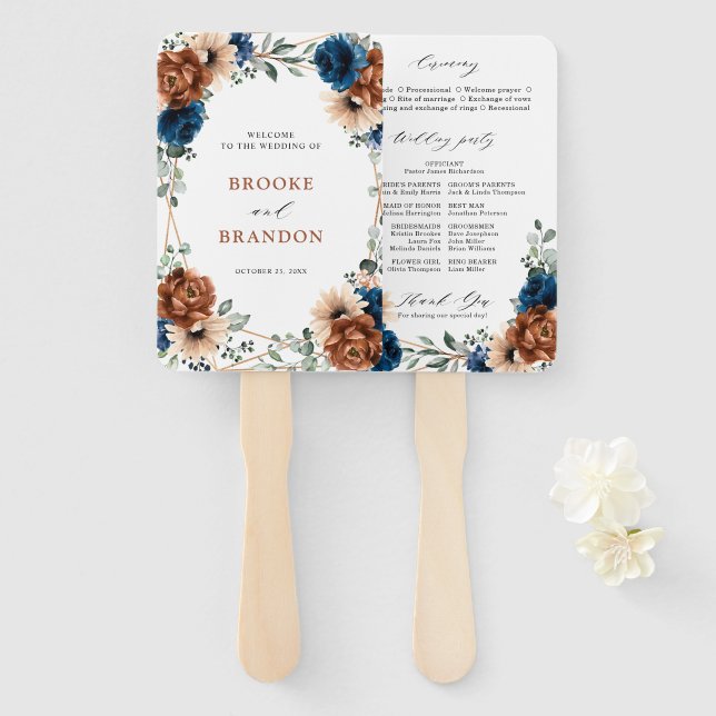 Terracotta Navy Blue Greenery Geometric Wedding Hand Fan (Front and Back)