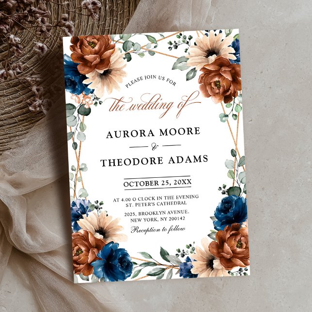 Terracotta Navy Blue Greenery Geometric Wedding In Invitation (Terracotta Navy Blue Greenery Geometric Wedding Invitation)