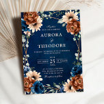 Terracotta Navy Blue Greenery Geometric Wedding In Invitation<br><div class="desc">Elegant Navy blue,  Terracotta ,  Orange earthy floral theme wedding Invitation featuring elegant bouquet of Navy blue,  Terracotta colour roses peonies  and green eucalyptus leaves. Please contact me for any help in customisation or if you need any other product with this design.</div>