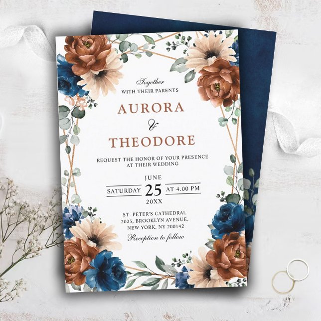 Terracotta Navy Blue Greenery Geometric Wedding In Invitation (Creator Uploaded)
