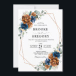 Terracotta Navy Blue Greenery Geometric Wedding Invitation<br><div class="desc">Elegant Navy blue,  Terracotta ,  Orange earthy floral theme wedding Invitation featuring elegant bouquet of Navy blue,  Terracotta colour roses peonies  and green eucalyptus leaves. Please contact me for any help in customisation or if you need any other product with this design.</div>