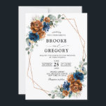 Terracotta Navy Blue Greenery Geometric Wedding Invitation<br><div class="desc">Elegant Navy blue,  Terracotta ,  Orange earthy floral theme wedding Invitation featuring elegant bouquet of Navy blue,  Terracotta colour roses peonies  and green eucalyptus leaves. Please contact me for any help in customisation or if you need any other product with this design.</div>