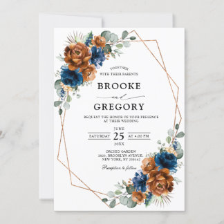 Terracotta Navy Blue Greenery Geometric Wedding Invitation