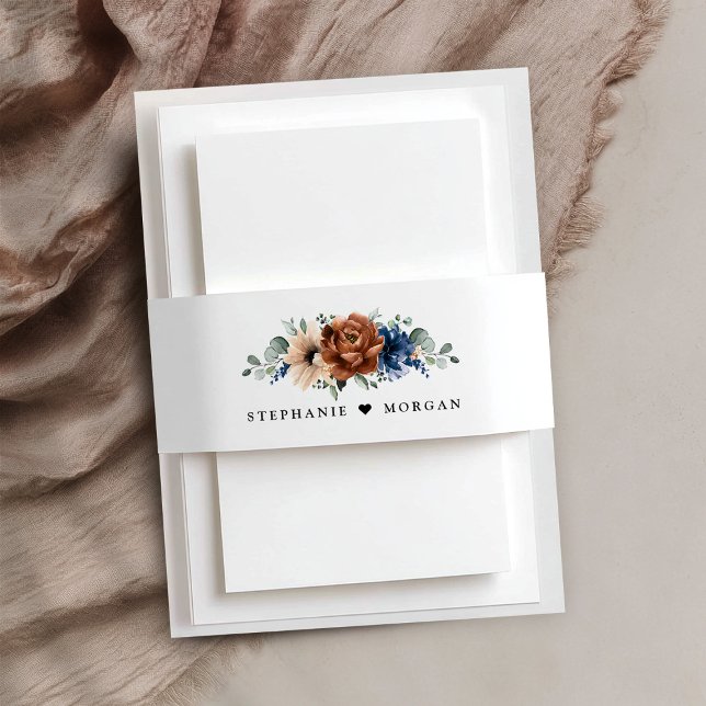 Terracotta Navy Blue Greenery Geometric Wedding Invitation Belly Band (Terracotta Navy Blue Greenery Geometric Wedding Invitation Belly Band)