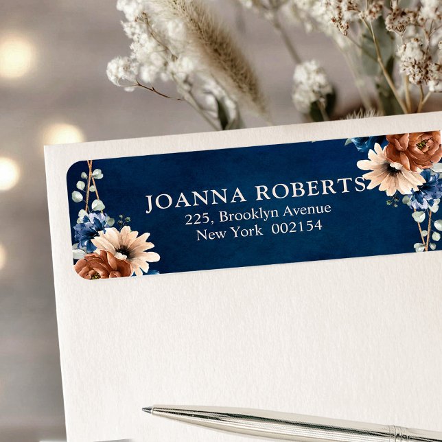 Terracotta Navy Blue Greenery Geometric Wedding La (Terracotta Navy Blue Greenery Geometric Wedding return address label)