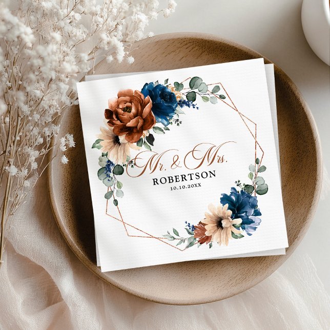 Terracotta Navy Blue Greenery Geometric Wedding Napkin (Terracotta Navy Blue Greenery Geometric Wedding Mr. and Mrs.  Napkins)
