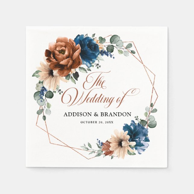 Terracotta Navy Blue Greenery Geometric Wedding Napkin (Front)
