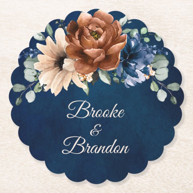 Terracotta Navy Blue Greenery Geometric Wedding Paper Coaster (Front)
