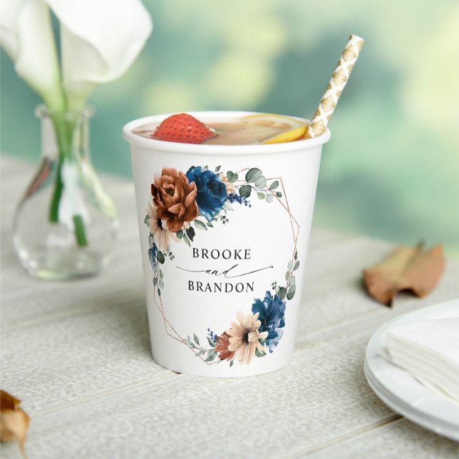 Terracotta Navy Blue Greenery Geometric Wedding Paper Cups (Insitu)