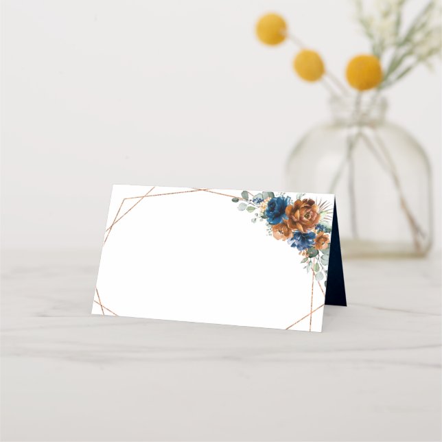Terracotta Navy Blue Greenery Geometric Wedding Pl Place Card (Front)