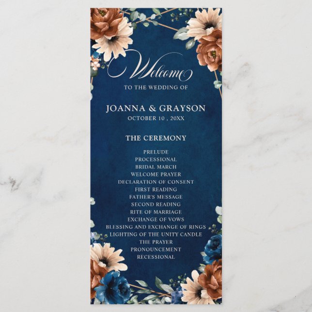Terracotta Navy Blue Greenery Geometric Wedding Pr Programme (Front)