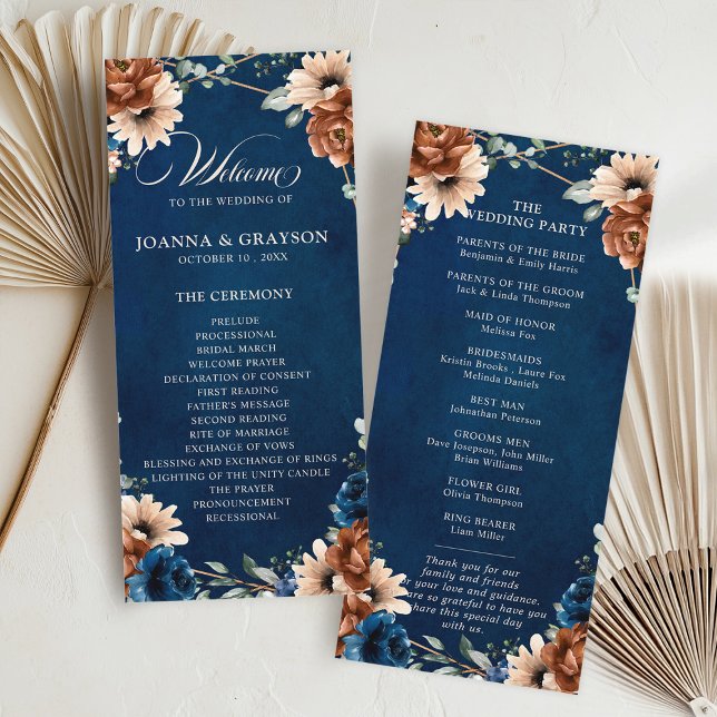 Terracotta Navy Blue Greenery Geometric Wedding Pr Programme (Terracotta Navy Blue Greenery Geometric Wedding Program card)