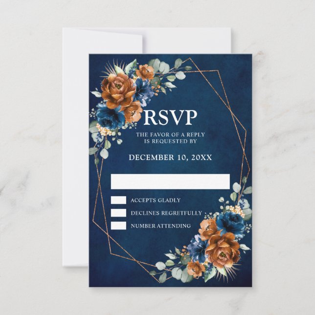 Terracotta Navy Blue Greenery Geometric Wedding RS RSVP Card (Front)