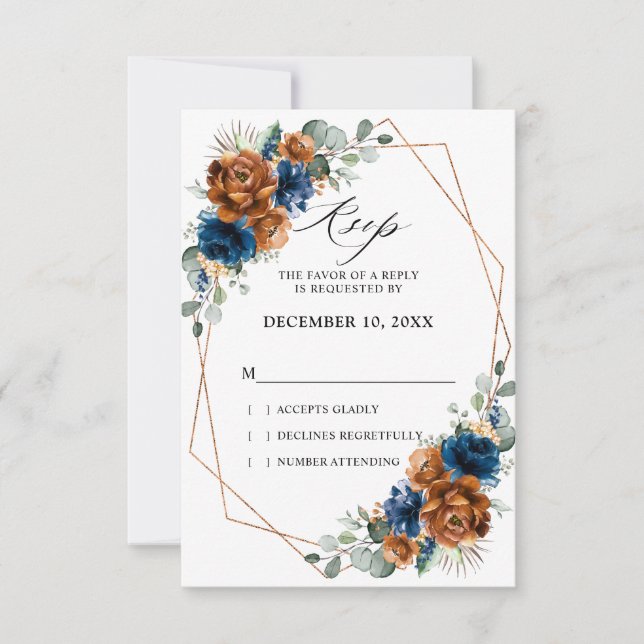 Terracotta Navy Blue Greenery Geometric Wedding RS RSVP Card (Front)