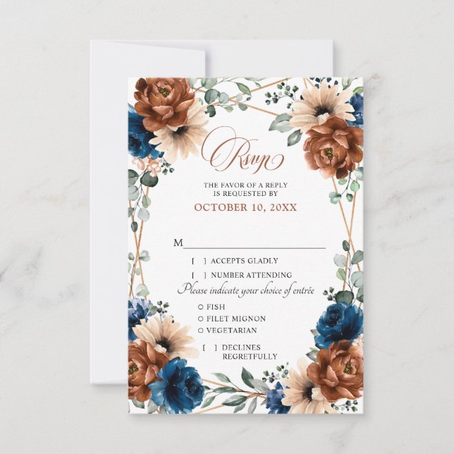 Terracotta Navy Blue Greenery Geometric Wedding RS RSVP Card (Front)