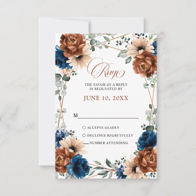 Terracotta Navy Blue Greenery Geometric Wedding RS RSVP Card (Front)