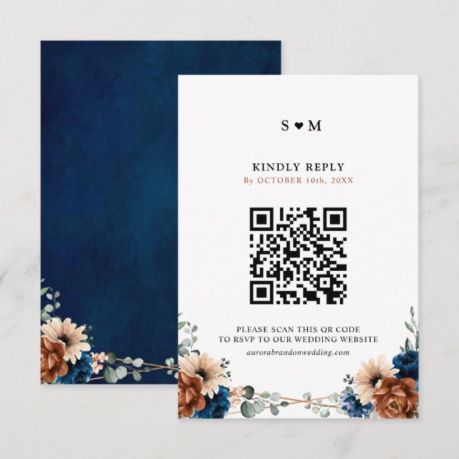 Terracotta Navy Blue Greenery Geometric Wedding RSVP Card (Front/Back)