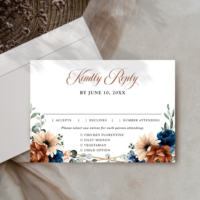 Terracotta Navy Blue Greenery Geometric Wedding    RSVP Card (Terracotta Navy Blue Greenery Geometric Wedding RSVP Card)