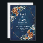 Terracotta Navy Blue Greenery Geometric Wedding Sa Save The Date<br><div class="desc">Elegant Navy blue,  Terracotta ,  Orange earthy floral theme wedding save the date card featuring elegant bouquet of Navy blue,  Terracotta colour roses peonies  and green eucalyptus leaves. Please contact me for any help in customisation or if you need any other product with this design.</div>