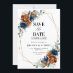 Terracotta Navy Blue Greenery Geometric Wedding Sa Save The Date<br><div class="desc">Elegant Navy blue,  Terracotta ,  Orange earthy floral theme wedding save the date card featuring elegant bouquet of Navy blue,  Terracotta colour roses peonies  and green eucalyptus leaves. Please contact me for any help in customisation or if you need any other product with this design.</div>