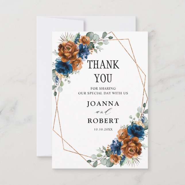 Terracotta Navy Blue Greenery Geometric Wedding Thank You Card (Front)