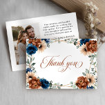 Terracotta Navy Blue Greenery Geometric Wedding Thank You Card<br><div class="desc">Elegant Navy blue,  Terracotta ,  Orange earthy floral theme wedding thank you card featuring elegant bouquet of Navy blue,  Terracotta colour roses peonies  and green eucalyptus leaves. Please contact me for any help in customisation or if you need any other product with this design.</div>