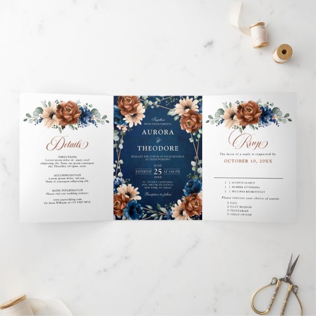 Terracotta Navy Blue Greenery Geometric Wedding Tr Tri-Fold Announcement (Inside)