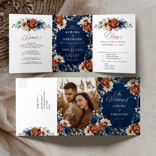 Terracotta Navy Blue Greenery Geometric Wedding Tr Tri-Fold Announcement