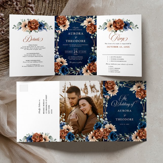 Terracotta Navy Blue Greenery Geometric Wedding Tr Tri-Fold Announcement (Terracotta Navy Blue Greenery Geometric Wedding Tri-Fold Announcement / All in one invitation)