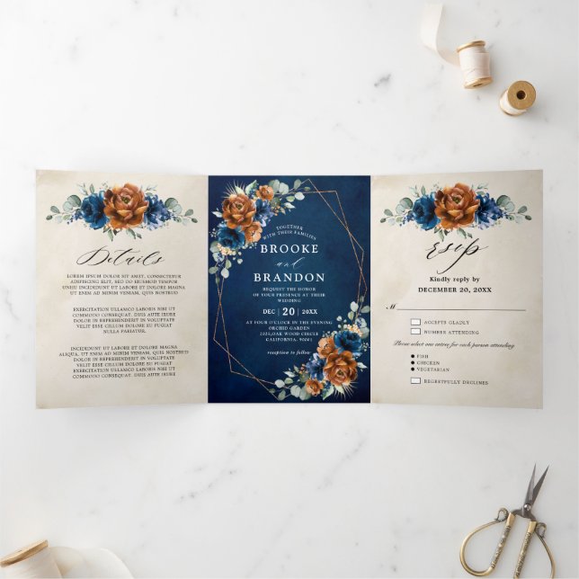 Terracotta Navy Blue Greenery Geometric Wedding Tr Tri-Fold Programme (Inside)