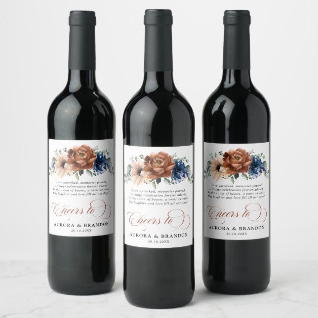 Terracotta Navy Blue Greenery Geometric Wedding Wine Label (Bottles)