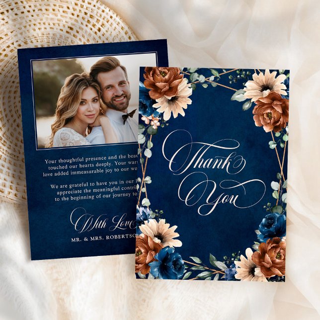 Terracotta Navy Blue Greenery Photo  Wedding       Thank You Card (Terracotta Navy Blue Greenery Photo Wedding Thank You Card)