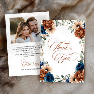 Terracotta Navy Blue Greenery Photo  Wedding       Thank You Card
