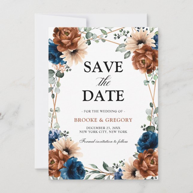 Terracotta Navy Blue Greenery Save the date (Front)