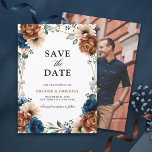 Terracotta Navy Blue Greenery Save the date<br><div class="desc">Elegant Navy blue,  Terracotta ,  Orange earthy floral theme wedding save the date card featuring elegant bouquet of Navy blue,  Terracotta colour roses peonies  and green eucalyptus leaves. Please contact me for any help in customisation or if you need any other product with this design.</div>