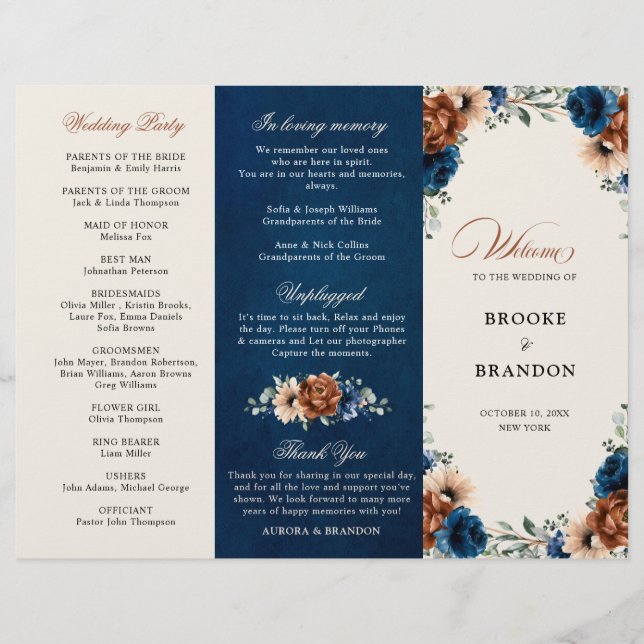 Terracotta Navy Blue Greenery Wedding Program (Front)