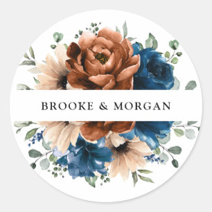 Terracotta Navy Blue Greenery Wedding Thank you Classic Round Sticker