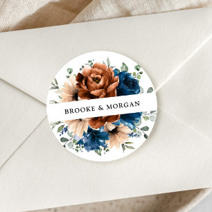 Terracotta Navy Blue Greenery Wedding Thank you Classic Round Sticker
